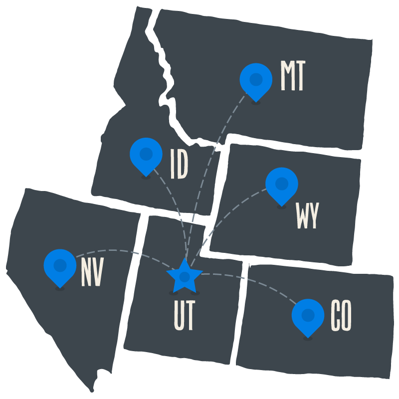 illustrations of Utah, Nevada, Idaho, Montana, Wyoming & Colorado.